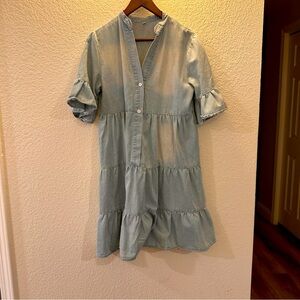 Light Wash Denim Babydoll Dress M Ruffle Tiered 3/4 Sleeve Boho Casual Cutesy
